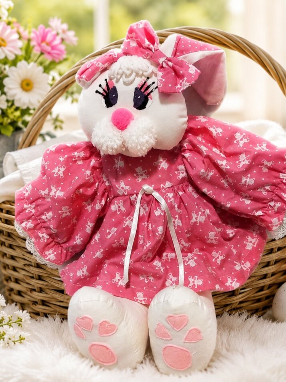 Vintage Handmade Easter Bunny Rabbit Plush Pink Dress Cottagecore Cloth Doll Dec